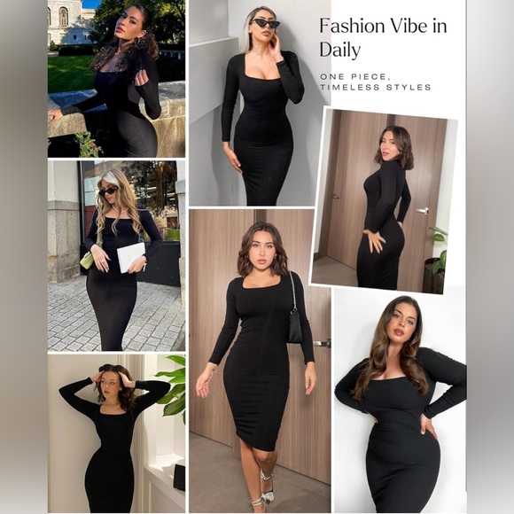 Popilush Long Sleeve Midi Dress Bodycon Shapewear Tummy Control Built-in Bra - Picture 2 of 8